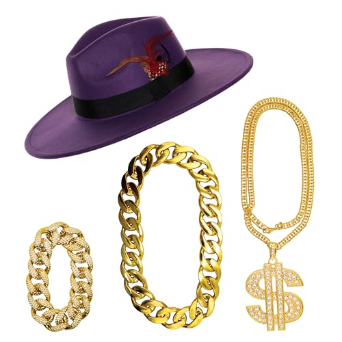 UNDERWRAPSAdult Pimp Accessory KIt - Hat Dollar Sign Chain Thick Chain Necklace Bracelet 70s 80s 90s Outfits For Men (PURPLE)