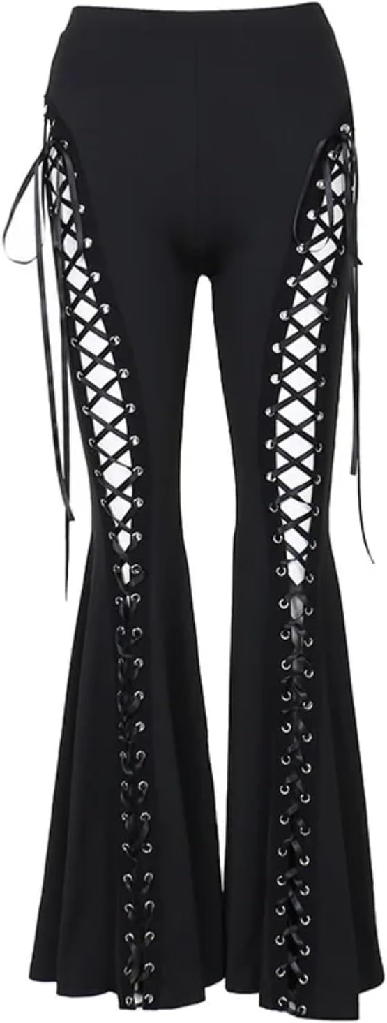 Gothic Bandage Cut Out Pants Black Clothes for Women Lace Up High Waist Flare Pants