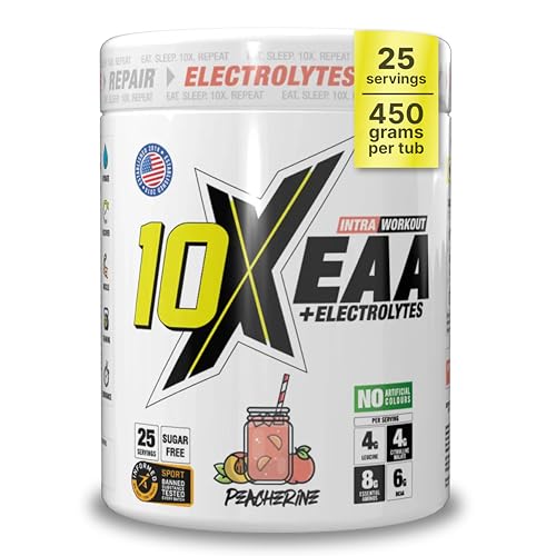 10X Athletic EAA Essential Amino Acids - Peacherine, Muscle Recovery & Hydration, 450g, Vegan, Gluten & Lactose-Free, Supports Muscle Growth,Informed-Sport Certified