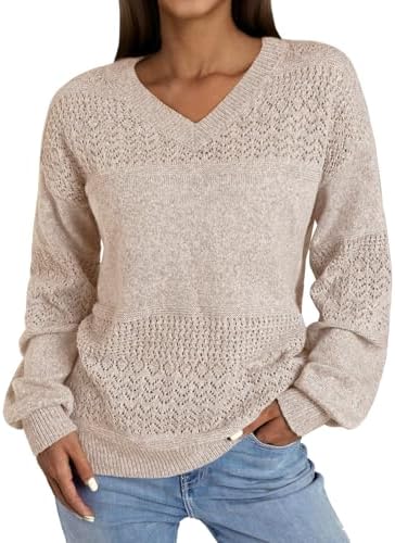 NORACORA Women's V Neck Sweaters Crochet Soft Lightweight Knit Loose Pullover Sweater Long Sleeve Fall Top 2025 Outfits