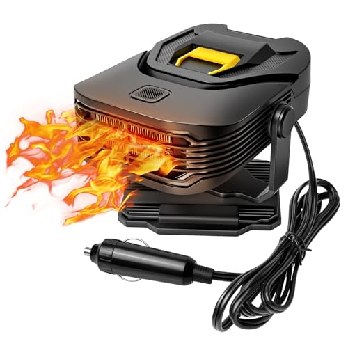 Demohome 12V 200W Car Heater & Cooling Fan - Rapid Windscreen Defogger & Window Defroster for Winter & Humid Weather - Safe & Portable with Cigarette Lighter Plug-In for All Cars - Yellow