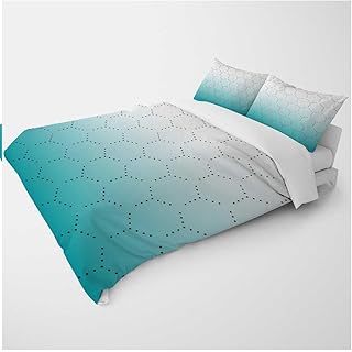 Queen Size Printed Duvet Cover White Cyan Teal Gradient Geometric Checked Sleep Zone for Kids Teens Adults (Queen,90