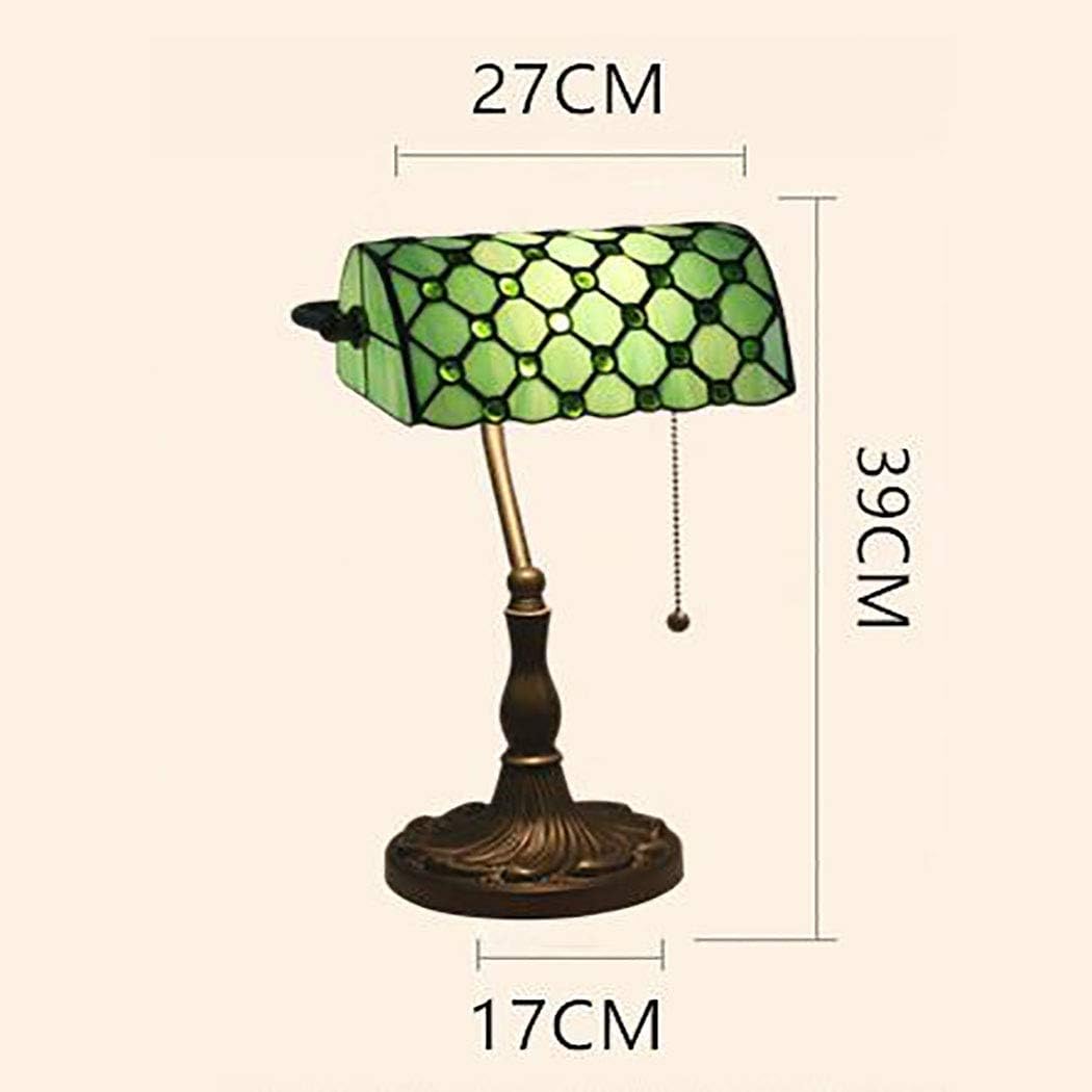 Tiffany Style Banker Table Lamp 10 Inch Antique Style Desk Lamp Stained Glass Shade Green Pull Chain Zinc Alloy Base,Green