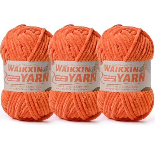 Image of (3 Orange) 3 Pack Super Soft Fuzzy Chenille Chunky Yarn for Crocheting, 300g (261yds) Velvet Fluffy Yarn for Hand Knitting Baby Blankets Weaving Craft