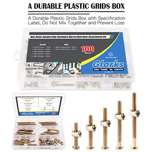 Glarks 100Pcs Zinc Plated M6 Hex Socket Head Cap Screws Bolts Furniture Bolts with Barrel Nuts Assortment Kit - 35mm / 45mm / 55mm / 65mm / 75mm - Thumbnail 5