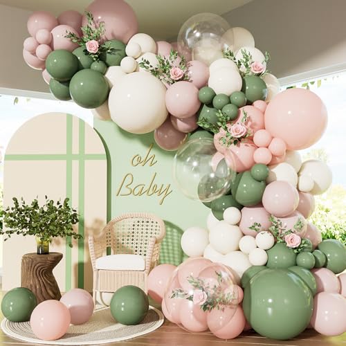 Kit guirlande d'arche de ballons roses et vert sauge haut de gamme avec ballons Bobo chic