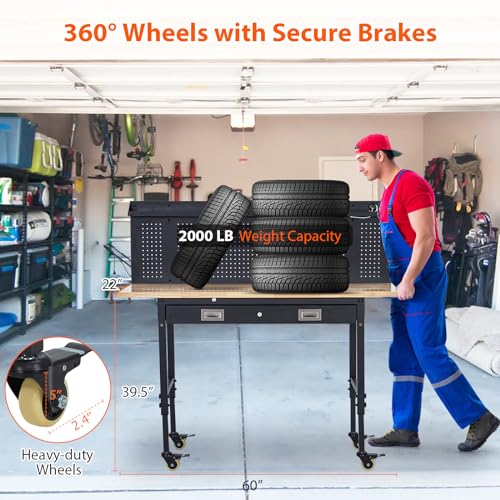 60" Adjustable Height Workbench, Rubber Wood Tabletop Workbench with Pegboard, Storage Drawers, Rolling Work Table with Wheels, Power Outlet, 2000lbs Capacity, Garage Workbench for Workshop