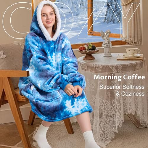 Kipswiza Wearable Blanket Hoodie, Oversized Cozy Warm Sherpa Fleece Hooded Blankets Sweatshirt - Gifts for Mom, Dad, Women, Men, Teens, Adult (Blue Tie Dye)