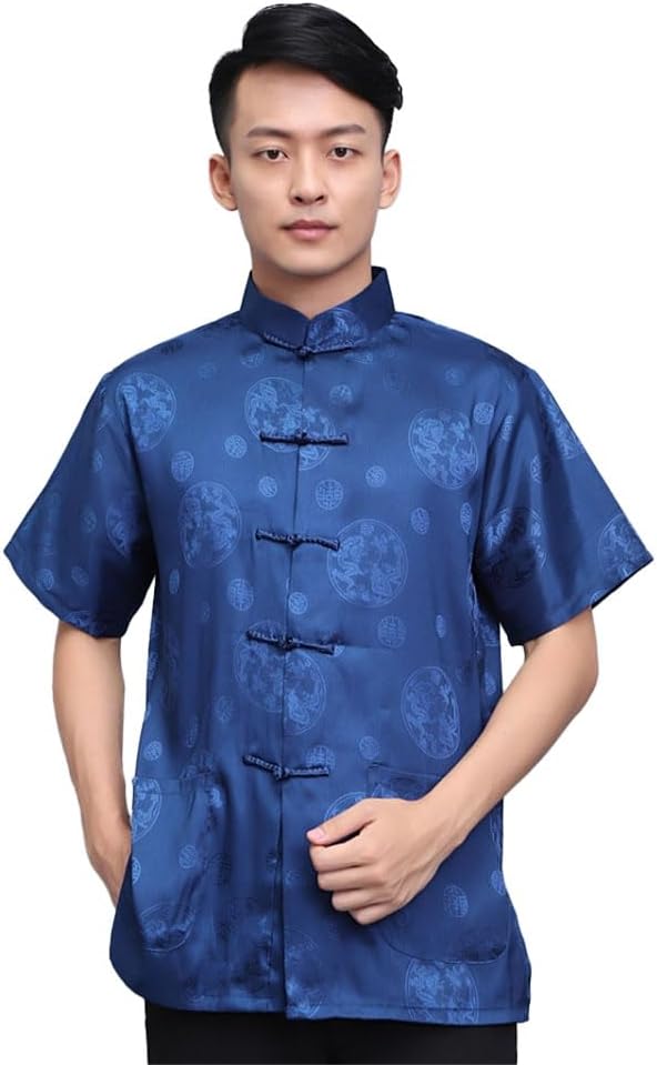Chinese Tang Suit Traditional Uniform Short Sleeve Top Kungfu Shirt for Men