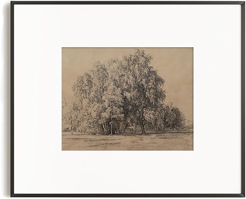 Miniatura 8 de Póster con estampado de árboles del bosque, color beige, dibujo de paisaje, grabado rústico, gris, arte de pared apagado, boceto gris neutro,