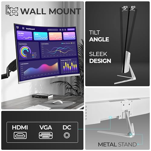 Image of Foxin Elite 22 Inch Curved LED Monitor | FHD 1080p | 100Hz Frameless & Anti-Glare | HDMI & VGA | 5ms | Wall Mountable | 2800R Curve | Curved PC Monitor for Gaming, Work | White