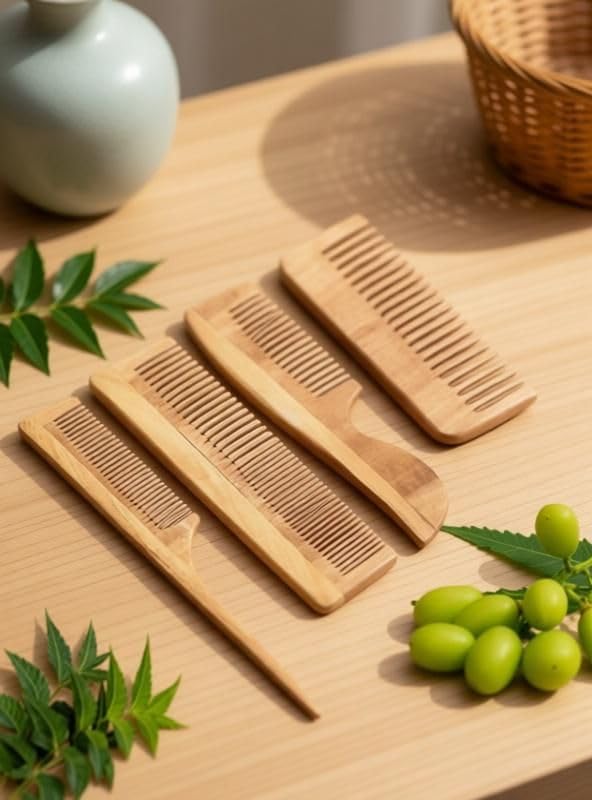 Pure Nature Neem Wood Hair Combs, Wide Tooth Detangling Set, 4 Pieces, Natural Hair Care