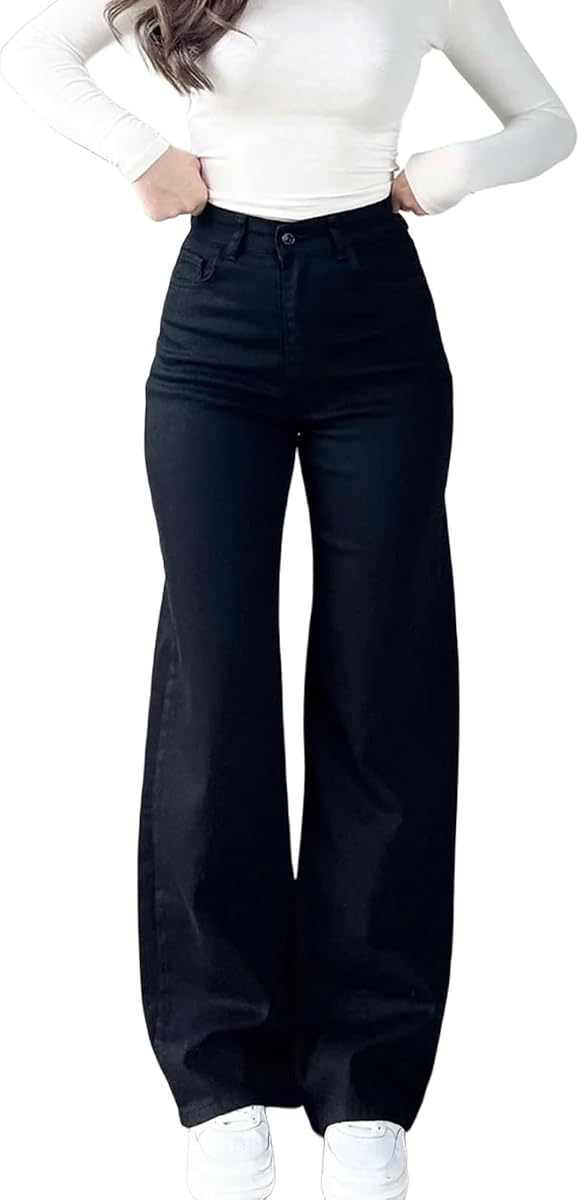 Women’s Curvy Stretch Wide Leg Jeans High Waist Tummy Control Denim