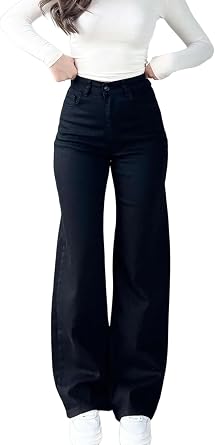 Womens Curvy Stretch Wide Leg Jeans High Waist Tummy Control Denim