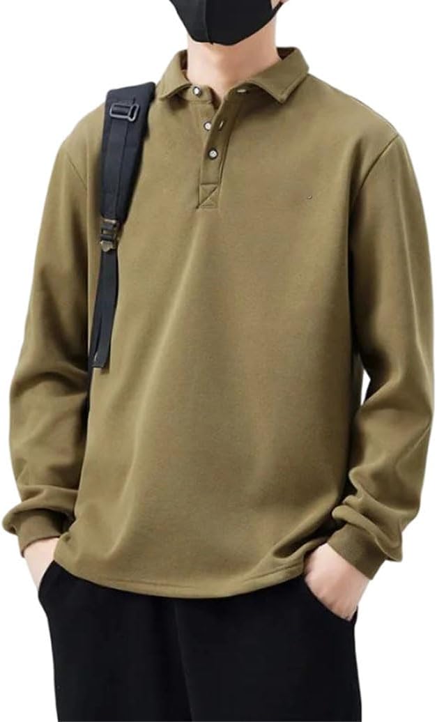 Men's Fall Winter Fashion All-Macth Lapel Shirt Solid Color Loose Long Sleeved Sports Shirt