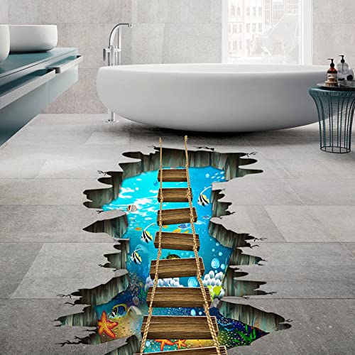 2 Pack 3D Removable Floor Stickers Decals Interstellar Space,Undersea World Suspension Bridge, Galaxy Decoration Wall Decor, Starfish Colorful Fish Love Ocean Lovely Wooden Suspension Bridge Wallpaper, Wall Mural For Kids Room Bedroom Bathroom Living Room Nursery #TOP3