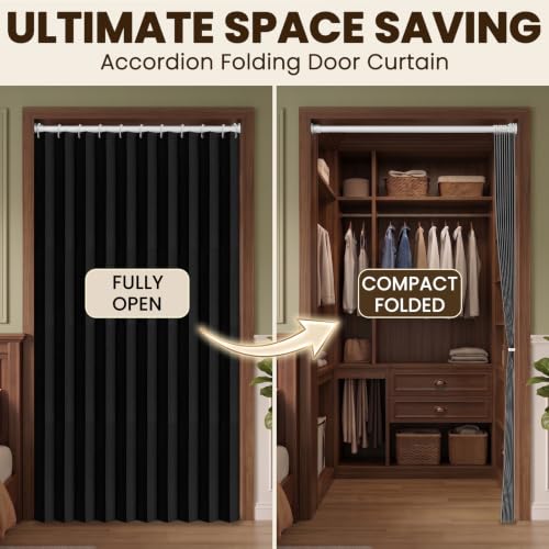 Image of AJAZZ Blackout Accordion Doors Interior Magnetic Door Curtain Folding Closet Door Curtain Invisible Applicable Bedroom Room Living Room Doorway (Black 52 inch W x 78 inch L) 1 Panel