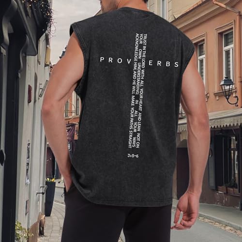 Image of Christian Gym Workout Tank Tops for Men Vintage Bible Verse Cross Graphic Sleeveless Muscle Shirts Acid Wash Tanks Top