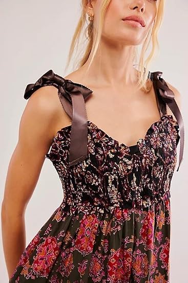 Image of Women Floral Maxi Dress Tie Shoulder Patchwork Smocked Flowy Boho Dress with Pockets Summer Vacation Sundress