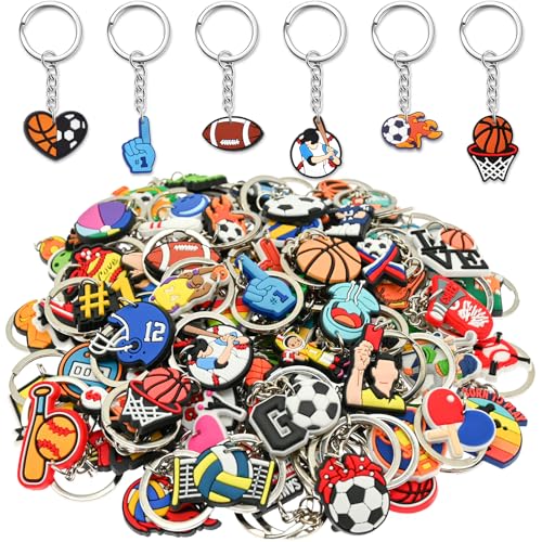 Ibuclein 100Pack Sports Keychains Bulk,DIY Cute Keychain Charms,Ball Backpack Charms Backpack Keychains Include Soccer Basketball etc,PVC Key Ring,Prize Box for Party Favors gift