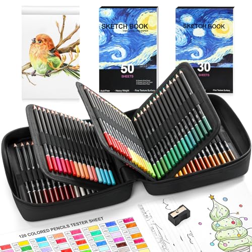 COOL BANK 120 Pack Colored Pencils for Adult Coloring Books, Soft Core Oil Based Color Pencils with Sketch Book, Color Book, Art Supplies with Zipper Case, Gifts for Kids, Artists, Professionals