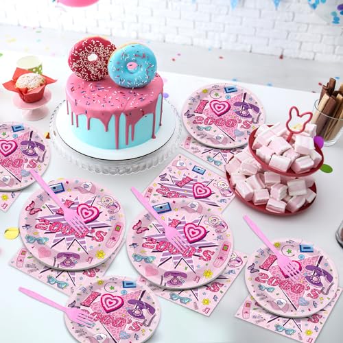 Image of Qyeahkj 100Pcs 2000s Y2K Pink Decorations Party Supplies 90s Plates Napkins Disposable 1990s Tableware Dinnerware Birthday for 90's Kids Bachelorette Favor