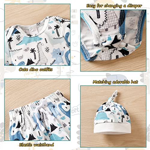 HINTINA Preemie Newborn Infant Baby Boys Outfits Dinosaur Bodysuit Romper Short Pants Hats 3Pcs Summer Clothes Set4