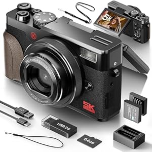 NBD Appareil Photo Numérique 5K 64MP avec Autofocus, Zoom Numérique 18x, Écran IPS 3" Orientable 180°, Design Rétro Élégant, Carte 64GB + 2 Batteries (Noir)