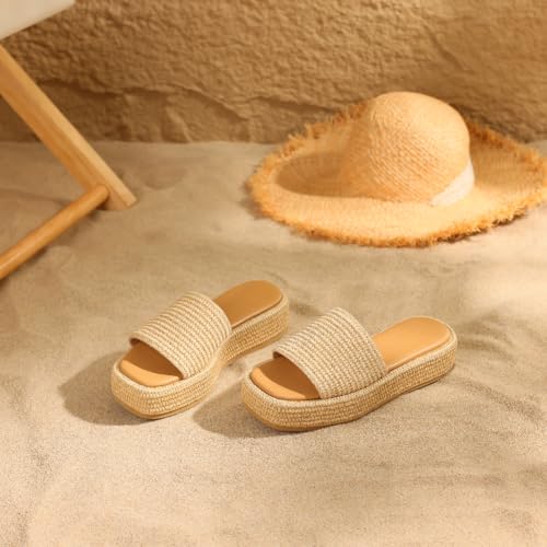 Image of Erocalli Platform Sandals Women Cute Wedge Espadrilles Slip on Summer Beach Raffia Vacation Sandal Comfortable Open Toe Dressy Shoes