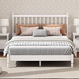 Linique King Size Platform Bed with Gourd Shaped Headboard, Classic Style Wooden Bed Frame, No Spring Box Needed, White