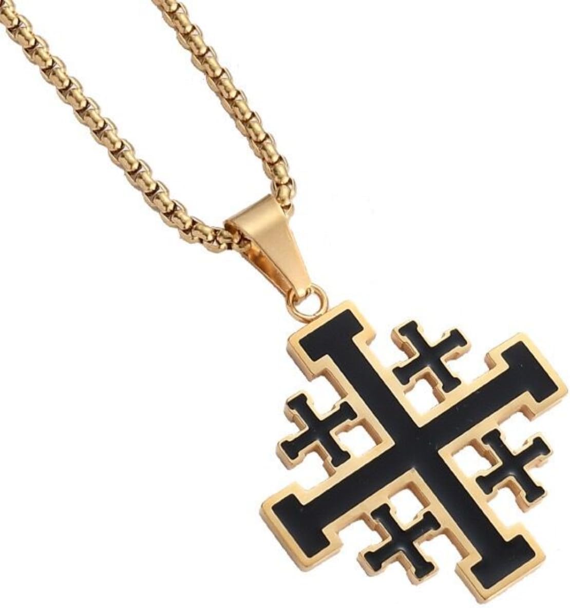 Men's Women's Stainless Steel Crusader Jerusalem Cross Pendant Necklace with 24 Inch Chain