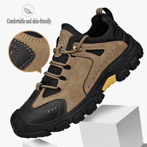 Men's Leather Lace up Breathable Non-Slip Hiking Shoes Soft Low Top Wear-Resistant Lightweight Casual Walking Work Shoes for Outdoor Trailing Trekking3