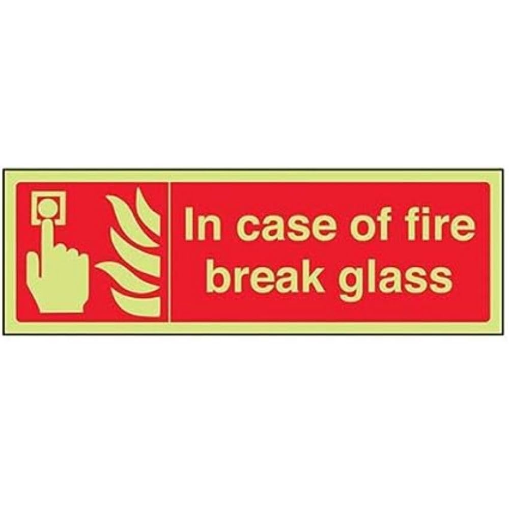 VSafety 13063AX-G "In Case Of Fire Break Glass" Equipment Sign, Glow In Dark, 1 mm Plastic, Landscape, 300 mm x 100 mm, Red