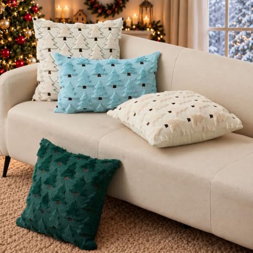 Image of Allorry Christmas Pillow Covers 12x20 inch Set of 2 Blue Christmas Decorations Soft Plush Faux Fur Wool Christmas Tree Throw Pillow Cases Winter Holiday Decor for Sofa Living Room PT002F12