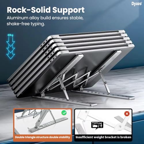 Image of Dyazo 10 Angle Aluminum Laptop Stand Portable & Fully Foldable Raiser Compatible for Lenovo, Dell, MacBook & All Other Notebooks 10 inch-15 .6 Inch (Silver)