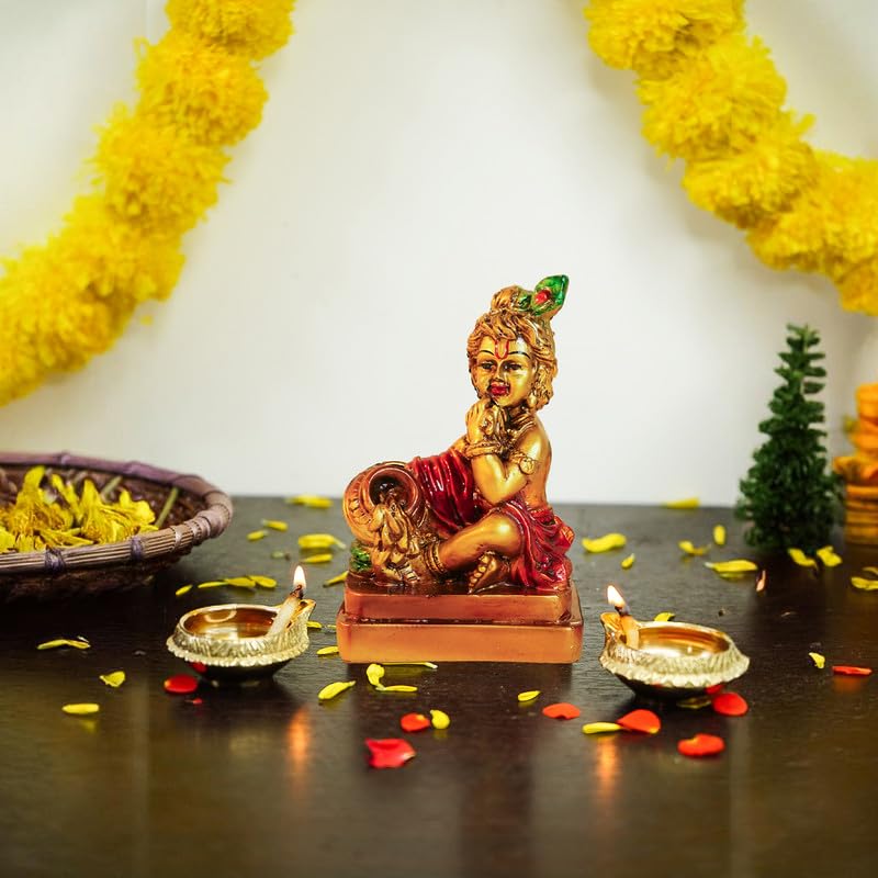 Image of Ekhasa Aura Series Antique Gold Painted Bal Gopal Murti (5 inch) | Marble Dust Laddu Gopal Murti for Puja | Resin Baby Krishna Idol for Home | Bal Krishna Idol | Sri Krishna Idols | Makan Chor Idol