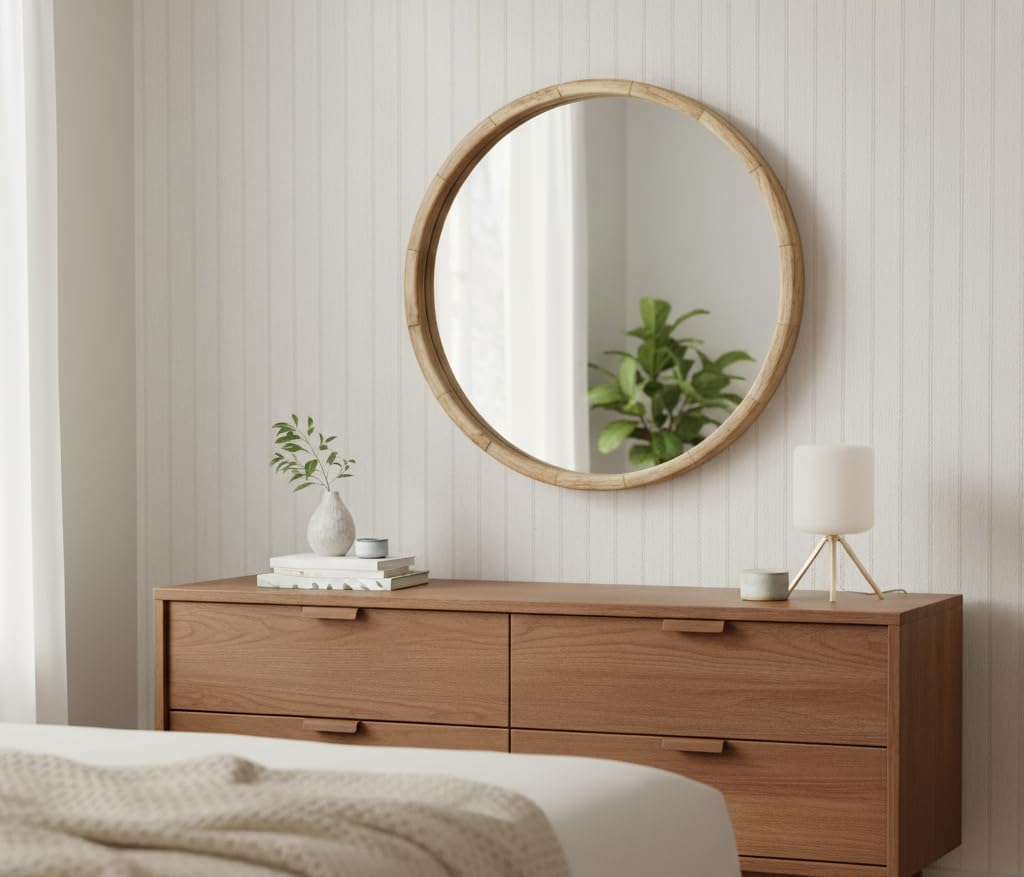 Biznest Natural Wood Large Round Wall Mirror With Wooden Frame Stylish Wall-Mounted Mirror For Bathroom Or Living Room (50)