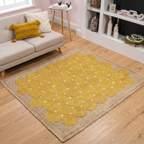 Tapis carré en jute tressé main 12x12 cm avec bordure jaune géométrique rustique - 2