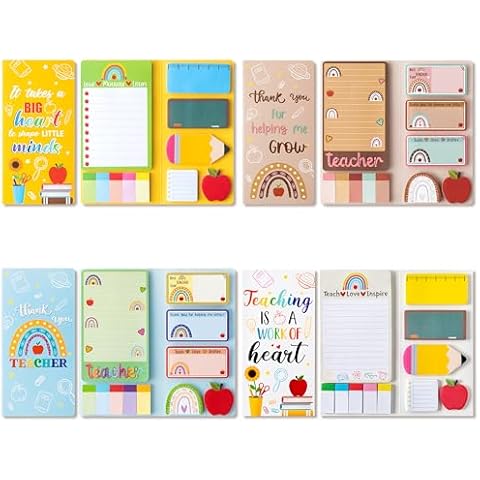 Xqumoi 4 Pack Teacher Themed Sticky Notes Set - Apple Boho Rainbow Shape Self-Stick Note Pads Teacher Appreciation Gift Writing Memo Pads Page Marker Back to School Office Supplies, Each 550 Sheets Cover