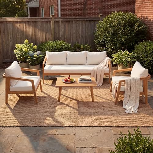 Christopher Knight Home Sures 5-Seater Patio Furniture Set with Removable Cushion, 4 Piece Outdoor Acacia Wood Conversation Set, Sold Wood Outdoor Sectional Sofa Set with Coffee Table, Natural+Beige