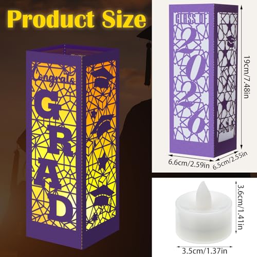 Image of Rossesay 12 Pcs Graduation Table Centerpieces Boxes Class of 2026 Graduation Lanterns for Centerpieces with LED Candles Congrats Grad School College Photo Props for Party Table Decoration (Purple)