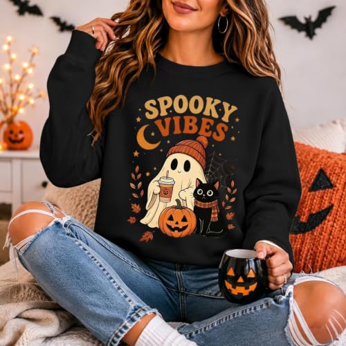 KWVOEBQ Halloween Tops for Women Black S Crew Neck Ghost Print Pullover - image 3