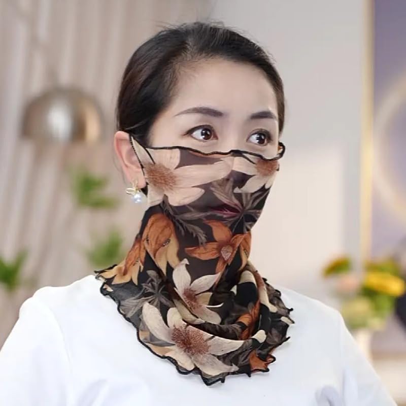 Elegant Floral Print Neck Gaiter for Women - Lightweight Breathable Mesh, Sun-Protective with Decorative Ear Loops