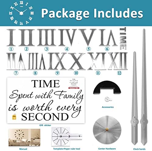 Mute DIY Frameless Large Wall Clock Roman Numerals 3D Mirror Sticker Home Office Decorations (Silver)