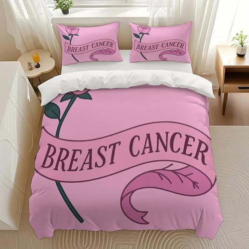 Cisdanoty Breast Cancer Rose Bedding Comforter Sets Bedding Set 3 Pieces (1 Duvet Cover 2 Pillowcases) with Zipper Closure Lightweight