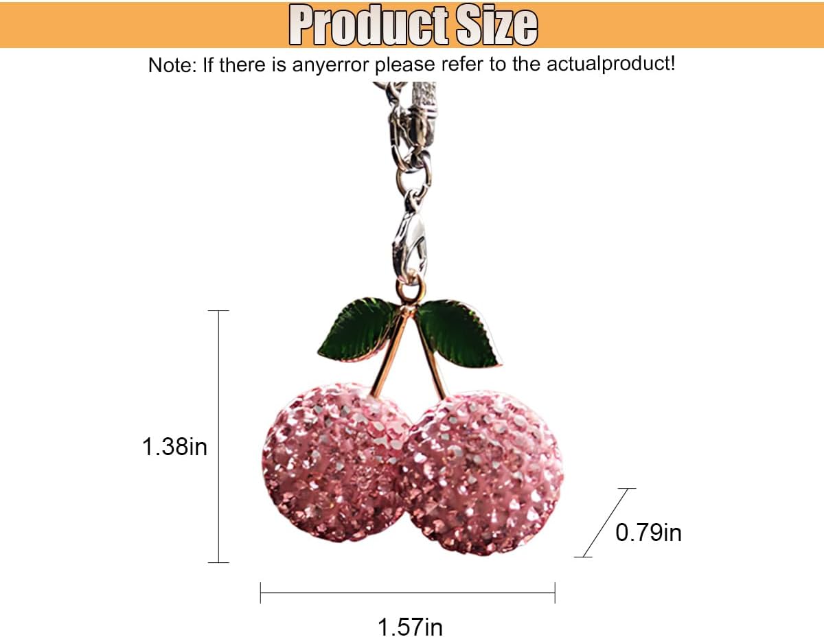 Bling Cherry Car Rear View Mirror Charm, Sparkly Rhinestones Automotive Decoration Pendant, Cute Vehicle Interior Hanging Ornament, Lucky Present for Women, Girl (Pink)