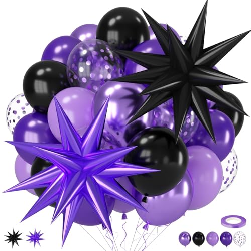 Purple and Black Balloons 12 Inch Metallic Purple Dark Light Purple Black Confetti Balloon with Star Foil Balloons for Girls Women Birthday Wedding Graduations Party Decorations