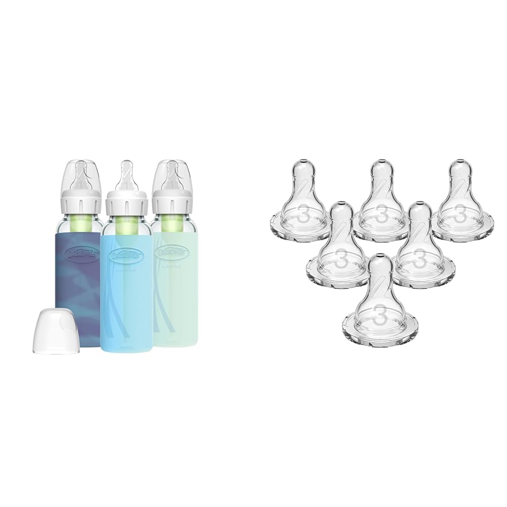 Dr. Brown's Anti-Colic Options+ Narrow Glass Baby Bottle, 8 oz/250 mL, with Silicone and Dr. Brown's Level 3 Narrow Baby Bottle Silicone Nipple, Medium-Fast Flow, 6m+, 100%