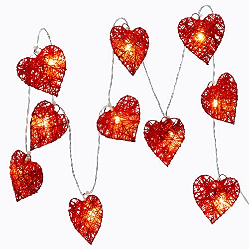 West Ivory - 5.5 ft 10 LEDs Vintage Rattan Red Heart Shaped Fairy String Lights w/Metal Covered - Battery Operated, Indoor & Outdoor, Party, Valentine, Wedding and Holiday Decorations - Warm White