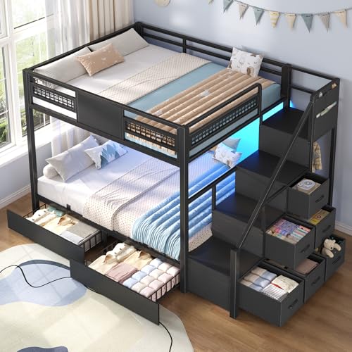 BTHFST Bunk Bed Full Over Full with Stairs LED Lights Full Bunk Beds with 2 Storage Drawers & 6 Fabric Drawers Metal Full Loft Beds with Safety Guardrail & Stairs Space Saving Black